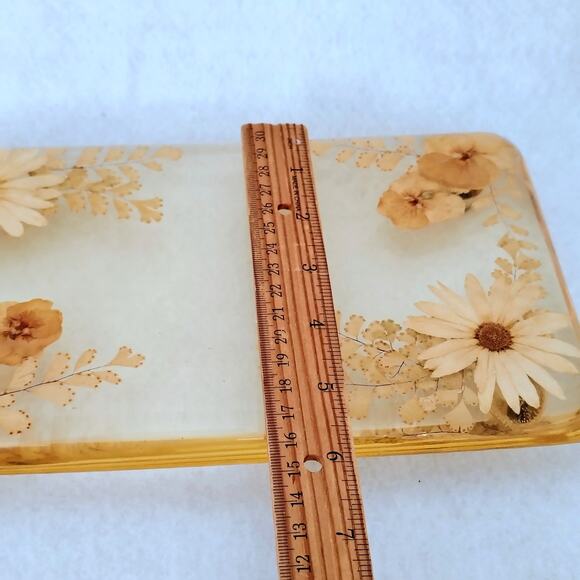 Vintage Yellow Resin Dried Flowers Bathroom Footed Vanity Tray Trinket Display - Picture 7 of 8